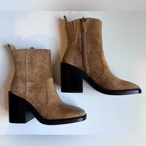 TORY BURCH • SIERRA HEELED ANKLE BOOT TAN SUEDE • SQUARE TOE Size 7.5 US NEW